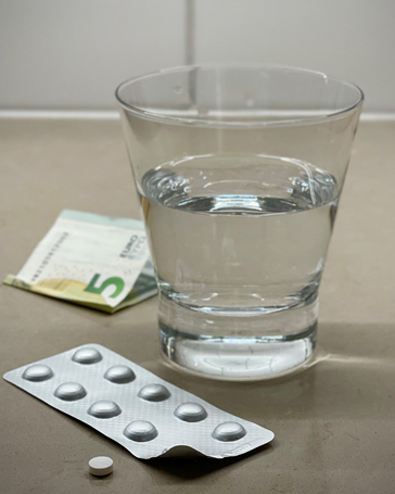 A glass of water, package of pills and a five euro note on a table.